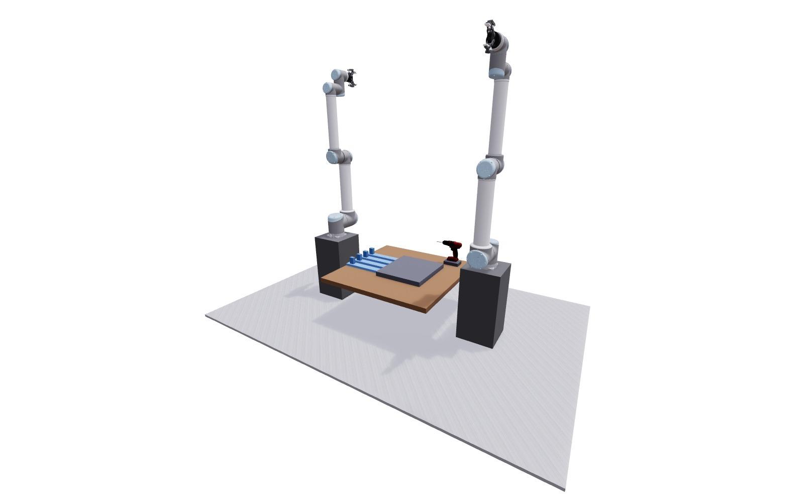 Wide overview of the complete screw-assembly cell: two robot arms, plate rack, fixture, and driver dock.
