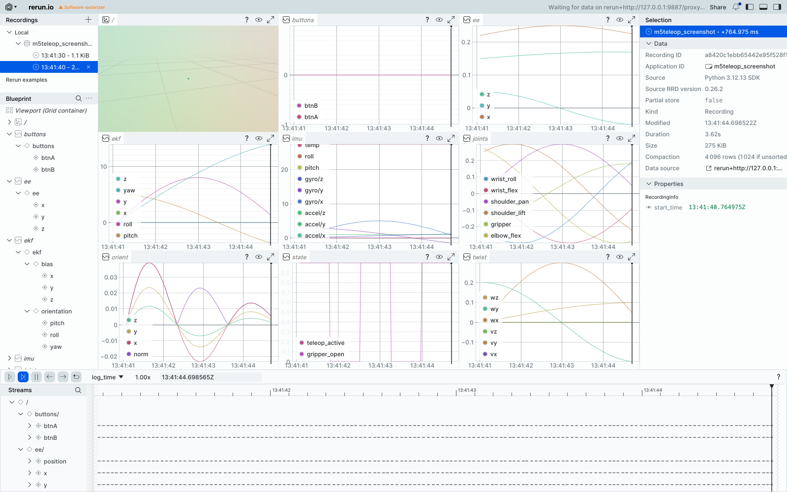 Rerun view of a teleop session: IMU, EKF orientation/bias, tracking error, twist, joint angles, and EE position, each as its own time-series panel