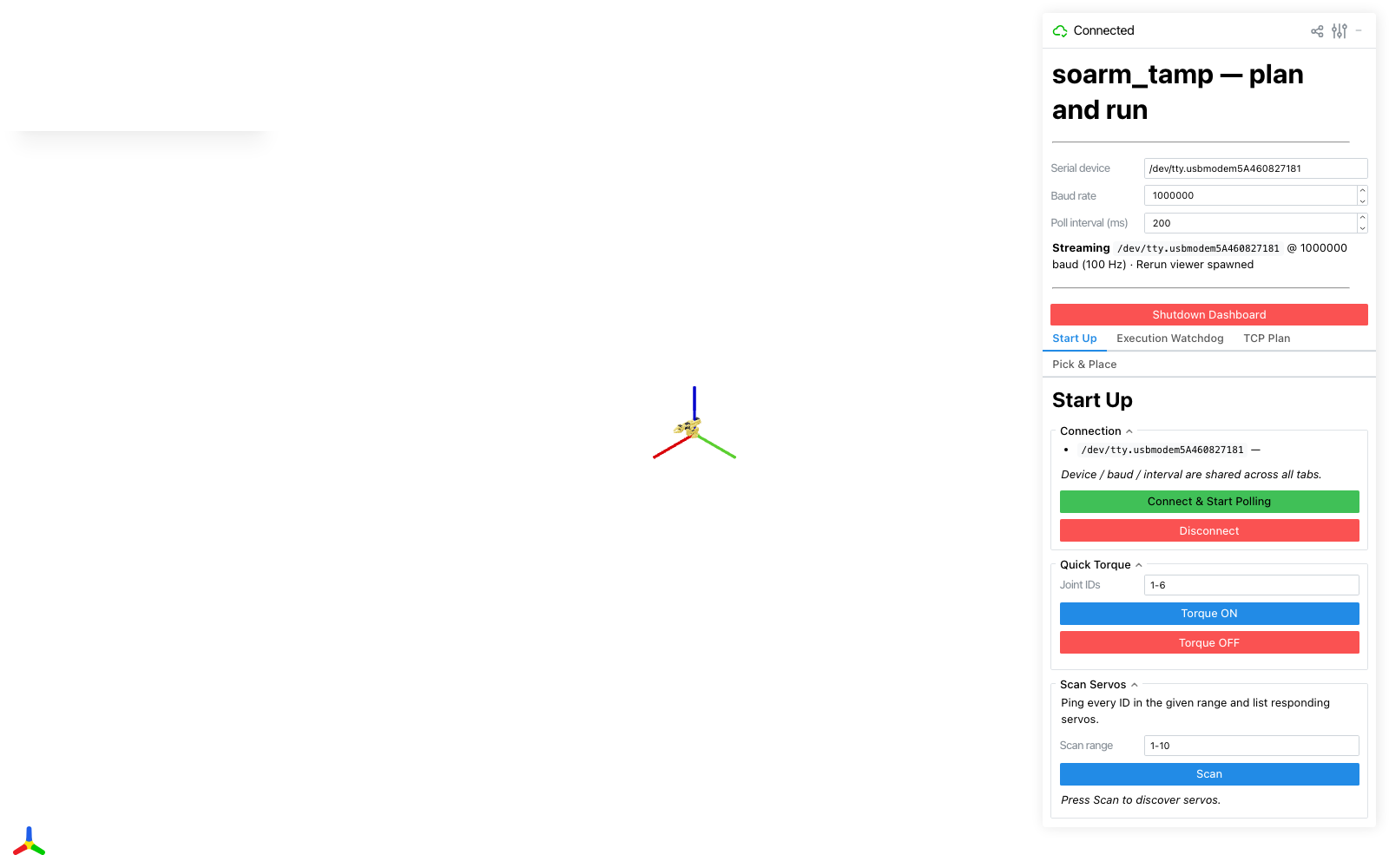 soarm_tamp dashboard, Start Up tab, live and connected to the physical SO-101